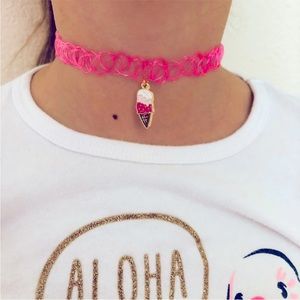 NWT Ice Cream Cone Charm Hot Pink Girls Choker Necklace Jewelry Stretches to Fit